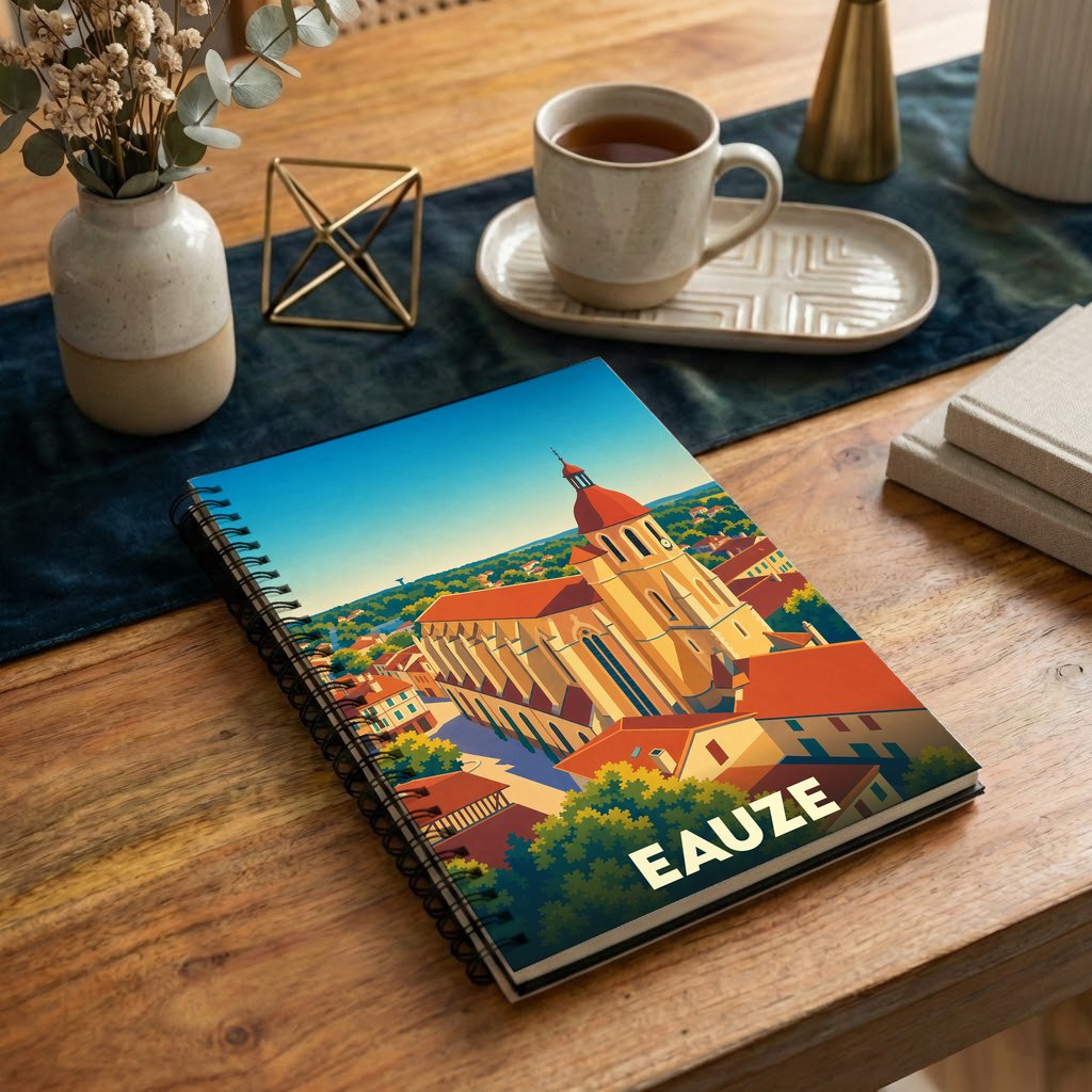 Carnet de notes à spirales souvenir de la ville d'Eauze avec une illustration stylisée de sa cathédrale.