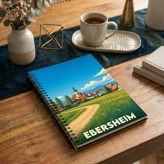 Carnet à spirales souvenir de la ville d'Ebersheim avec une illustration stylisée de son paysage et de son église.