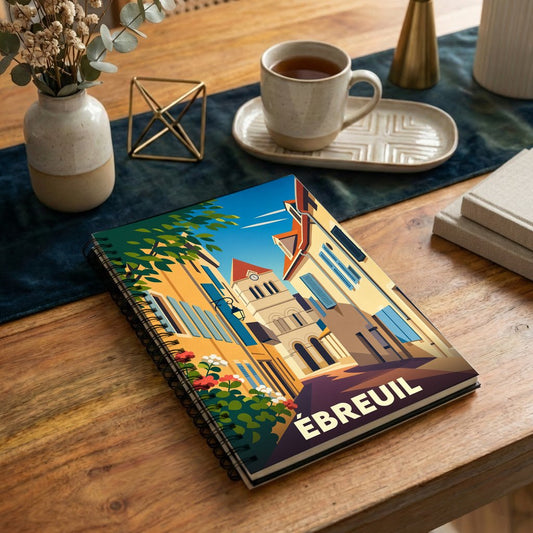 Carnet souvenir de la ville d'Ébreuil avec une illustration stylisée de son architecture.