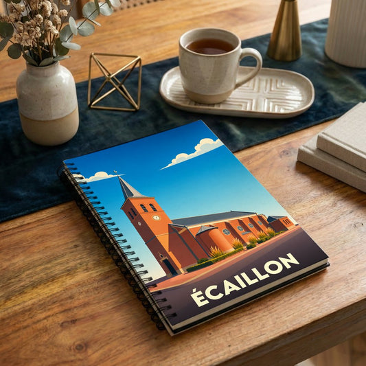 Carnet souvenir de la ville d'Écaillon avec une illustration stylisée de son église.