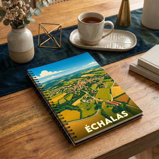 Carnet souvenir de la ville d'Échalas avec une illustration stylisée de son paysage rural.