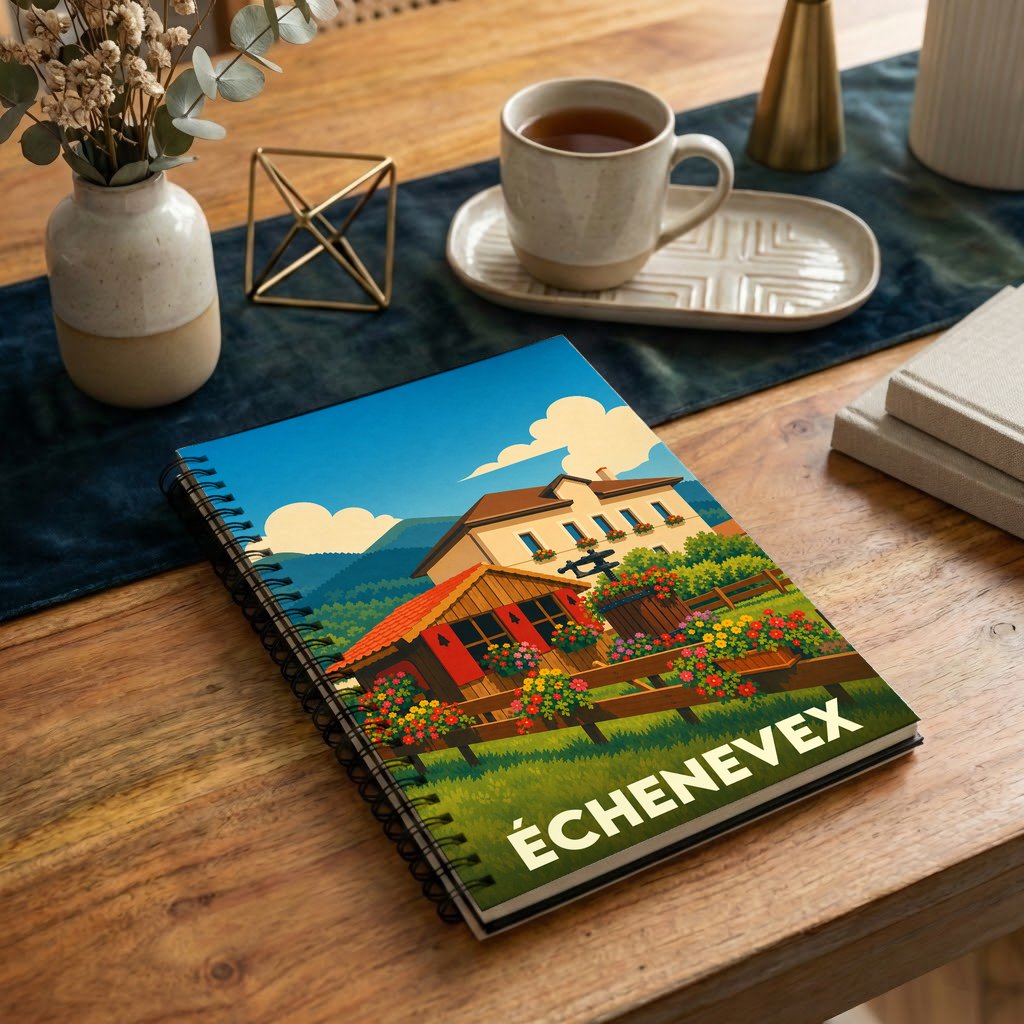 Carnet à spirales souvenir de la ville de Échenevex avec une illustration stylisée de chalets fleuris.