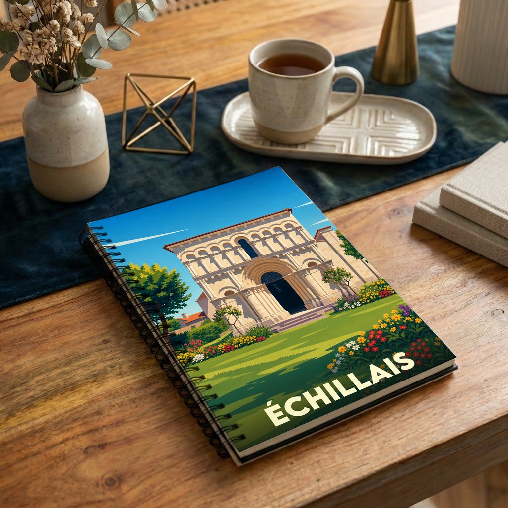 Carnet souvenir de la ville d'Échillais avec une illustration stylisée de son église romane.