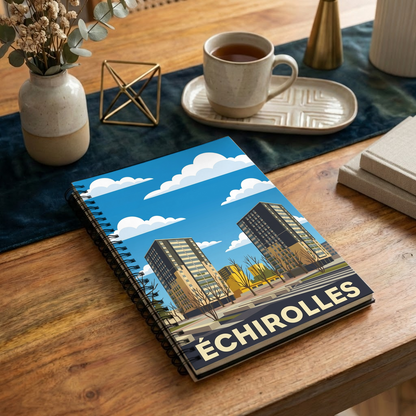 Carnet souvenir de la ville d'Échirolles avec une illustration urbaine stylisée.