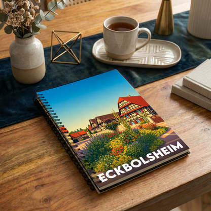 Carnet souvenir de la ville de Eckbolsheim avec une illustration stylisée de maisons à colombages et de fleurs.