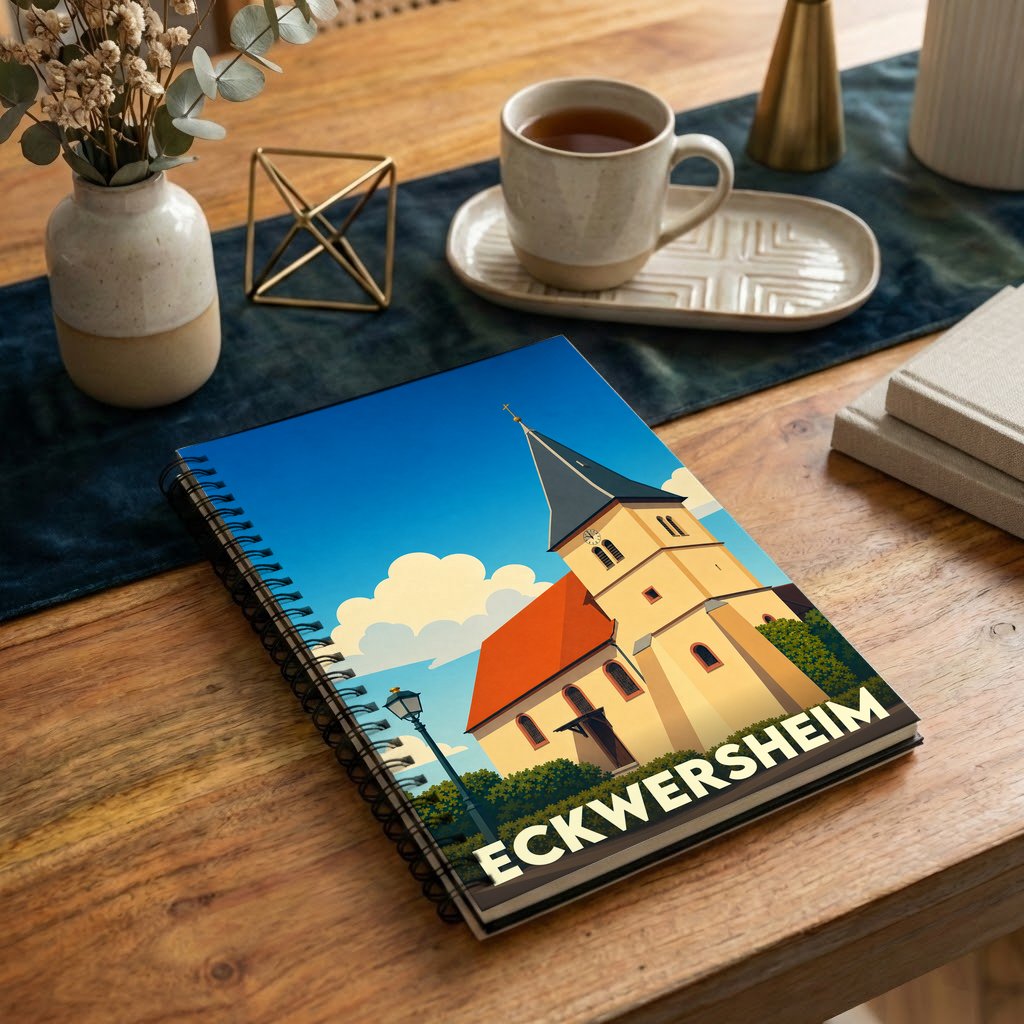 Carnet souvenir de la ville d'Eckwersheim avec une illustration stylisée de son église.