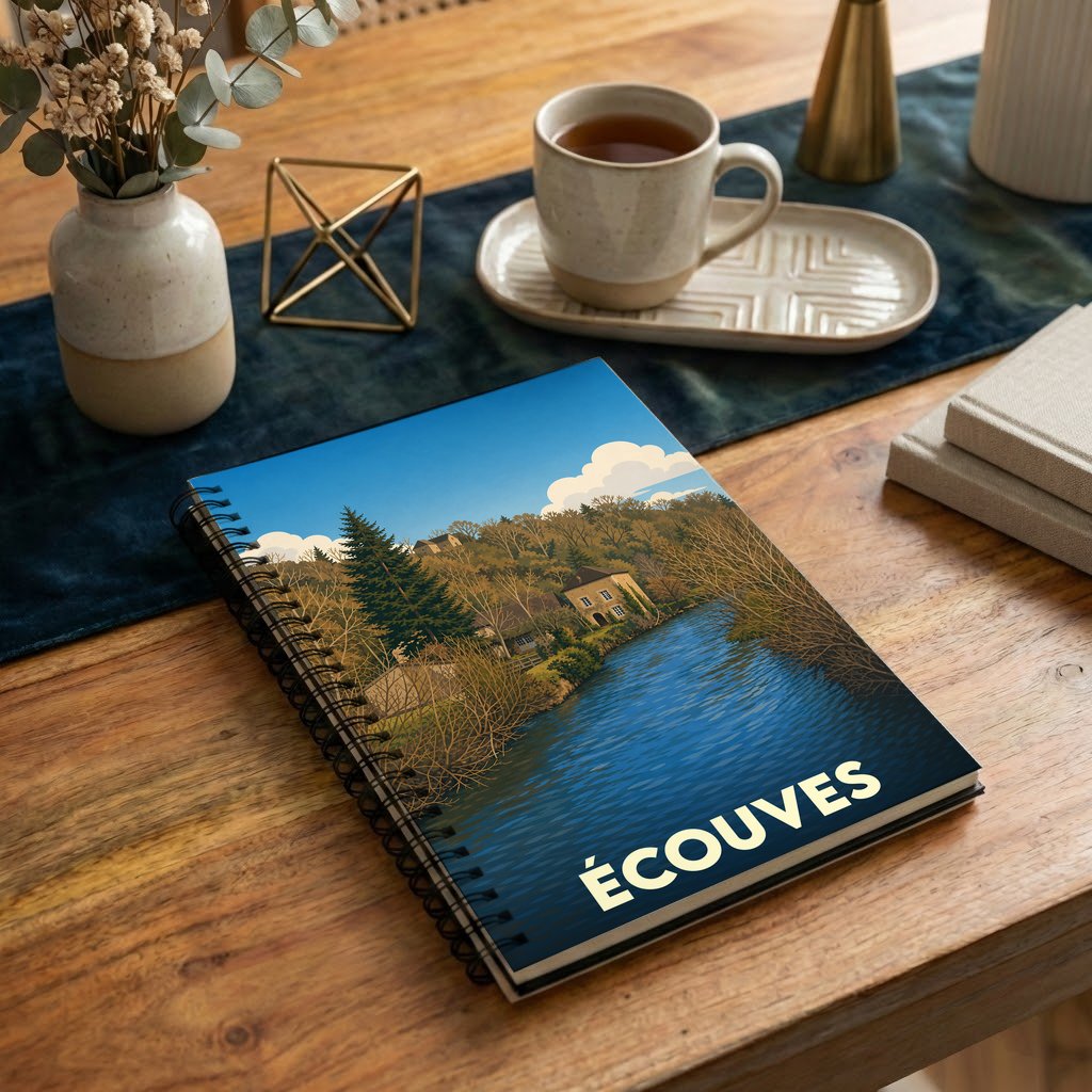 Carnet à spirales souvenir de la ville d'Écouves avec une illustration stylisée d'un paysage forestier au bord de l'eau.