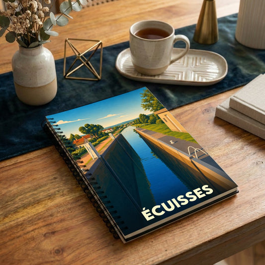 Carnet souvenir de la ville d'Écuisses illustré par une vue stylisée de son canal.