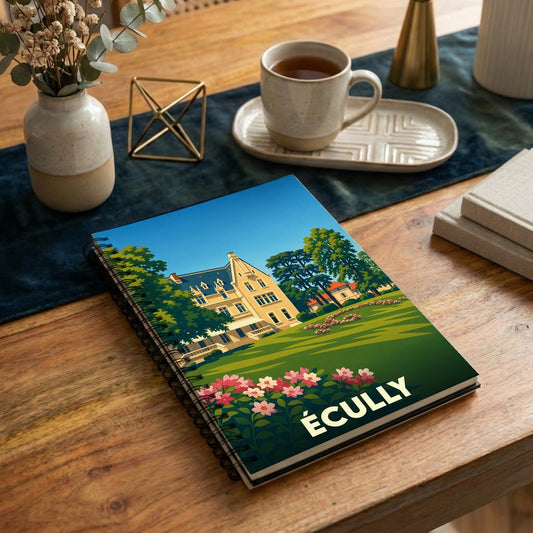 Carnet souvenir de la ville d'Écully avec une illustration stylisée d'un manoir et de son parc.