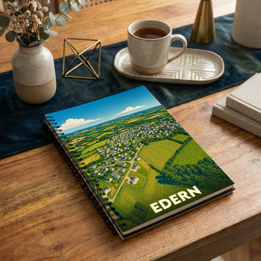 Carnet à spirales souvenir de la ville d'Edern illustré d'une vue aérienne stylisée de ses paysages verdoyants.