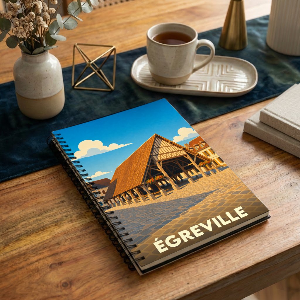 Carnet à spirales souvenir de la ville d'Égreville illustré par une scène stylisée de sa halle historique.