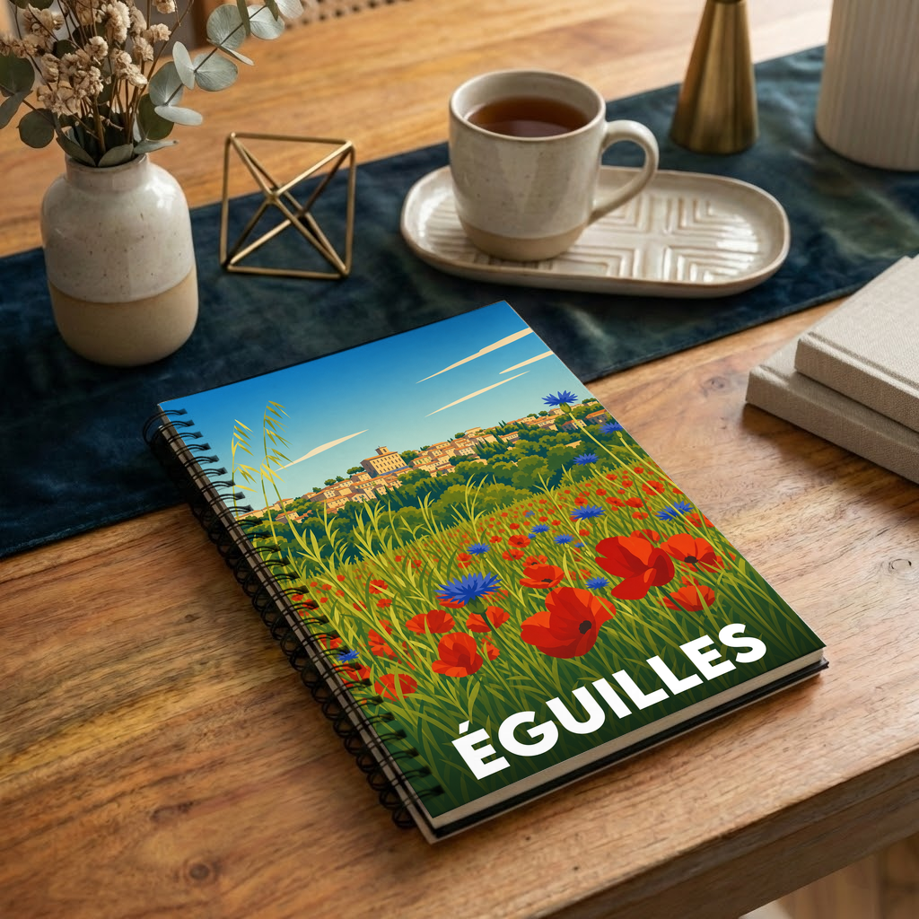 Carnet souvenir de la ville d'Éguilles avec une illustration stylisée d'un champ de coquelicots devant le village.