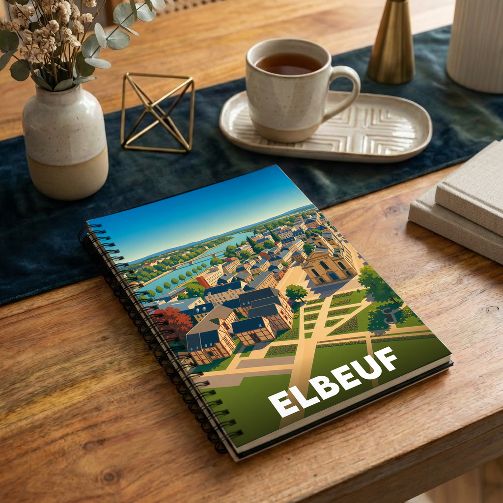 Carnet souvenir de la ville d'Elbeuf avec une illustration stylisée.