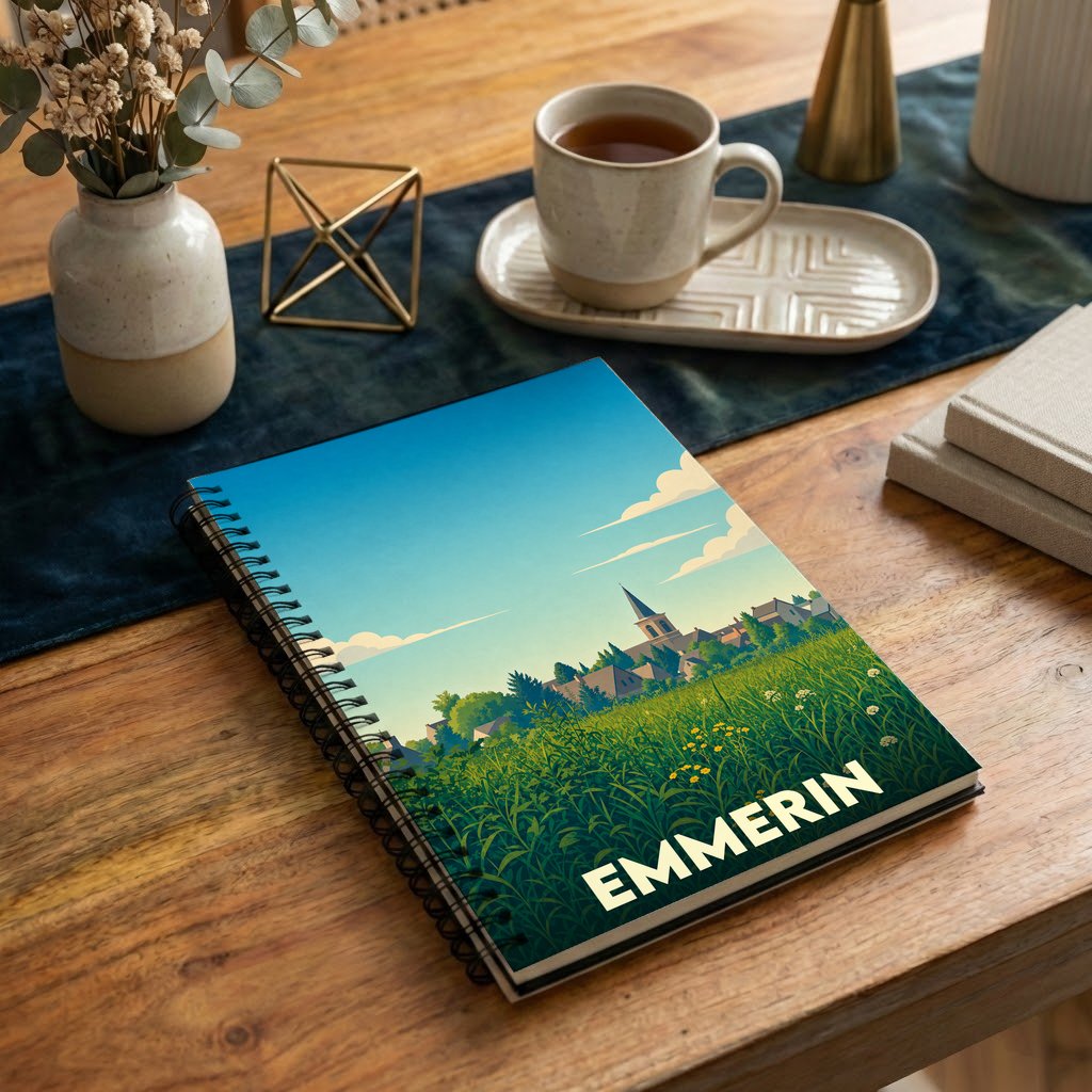 Carnet à spirales souvenir de la ville d'Emmerin avec une illustration stylisée d'un paysage champêtre.