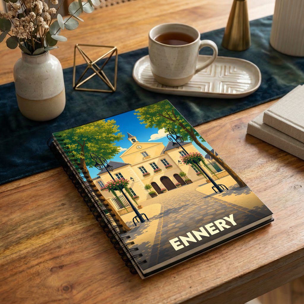 Carnet souvenir de la ville d'Ennery illustré par une vue stylisée de sa mairie.