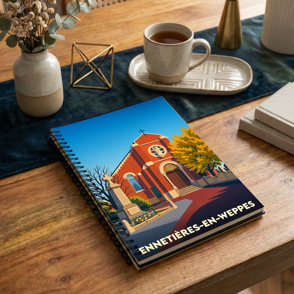 Carnet de notes à spirales avec une illustration stylisée de l'église d'Ennetières-en-Weppes.