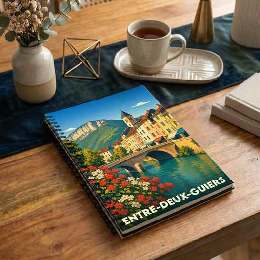 Carnet à spirales souvenir de la ville de Entre-deux-Guiers avec une illustration stylisée d'un pont et de maisons colorées au bord de l'eau.