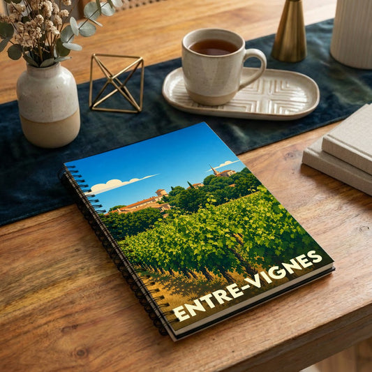 Carnet à spirales souvenir de la ville de Entre-Vignes avec une illustration stylisée de ses vignobles.
