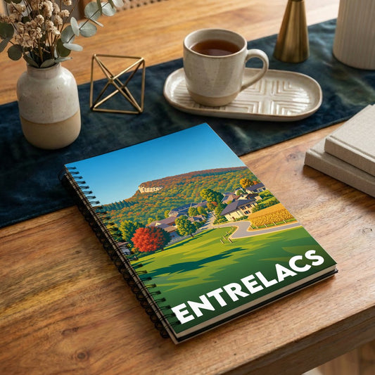 Carnet de notes souvenir de la ville d'Entrelacs avec une illustration stylisée de paysages vallonnés.