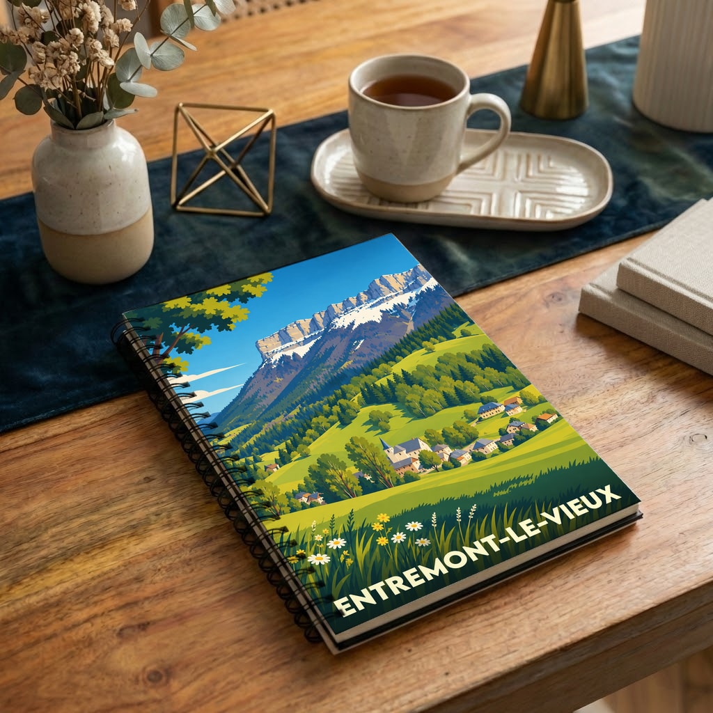 Carnet souvenir de la ville d'Entremont-le-Vieux avec une illustration de paysage de montagne.