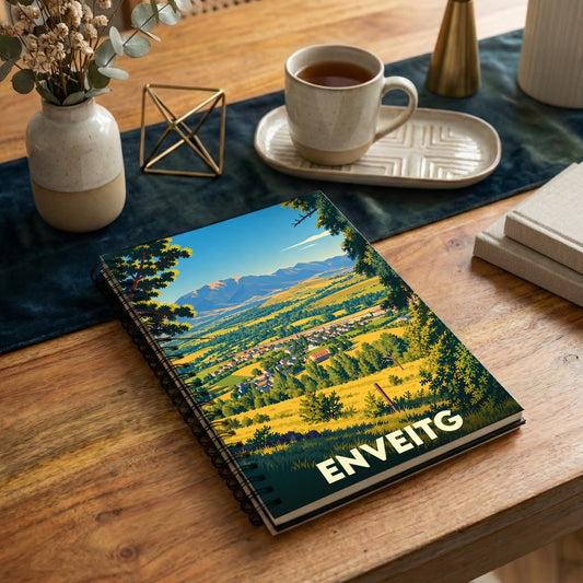 Carnet souvenir de la ville d'Enveitg avec une illustration stylisée d'un paysage de montagne.