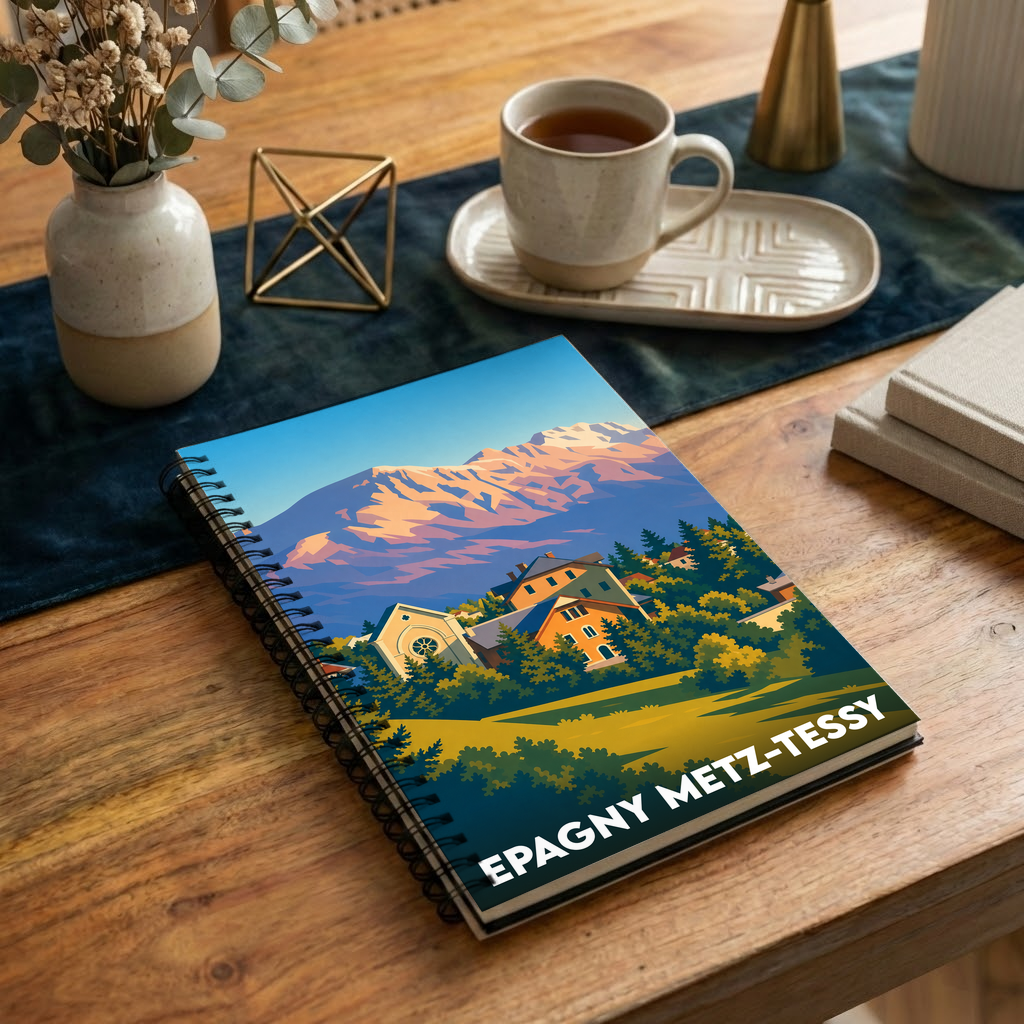 Carnet à spirales souvenir de la ville d'Epagny Metz-Tessy avec une illustration stylisée de montagne.