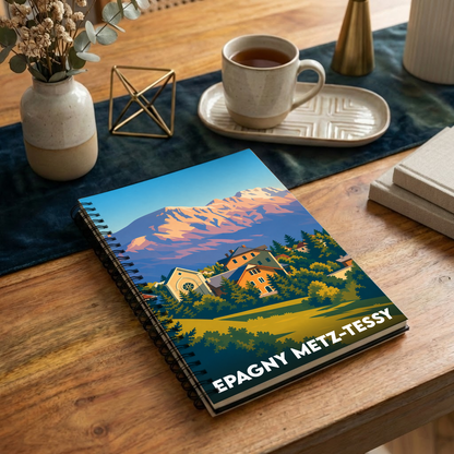 Carnet à spirales souvenir de la ville d'Epagny Metz-Tessy avec une illustration stylisée de montagne.