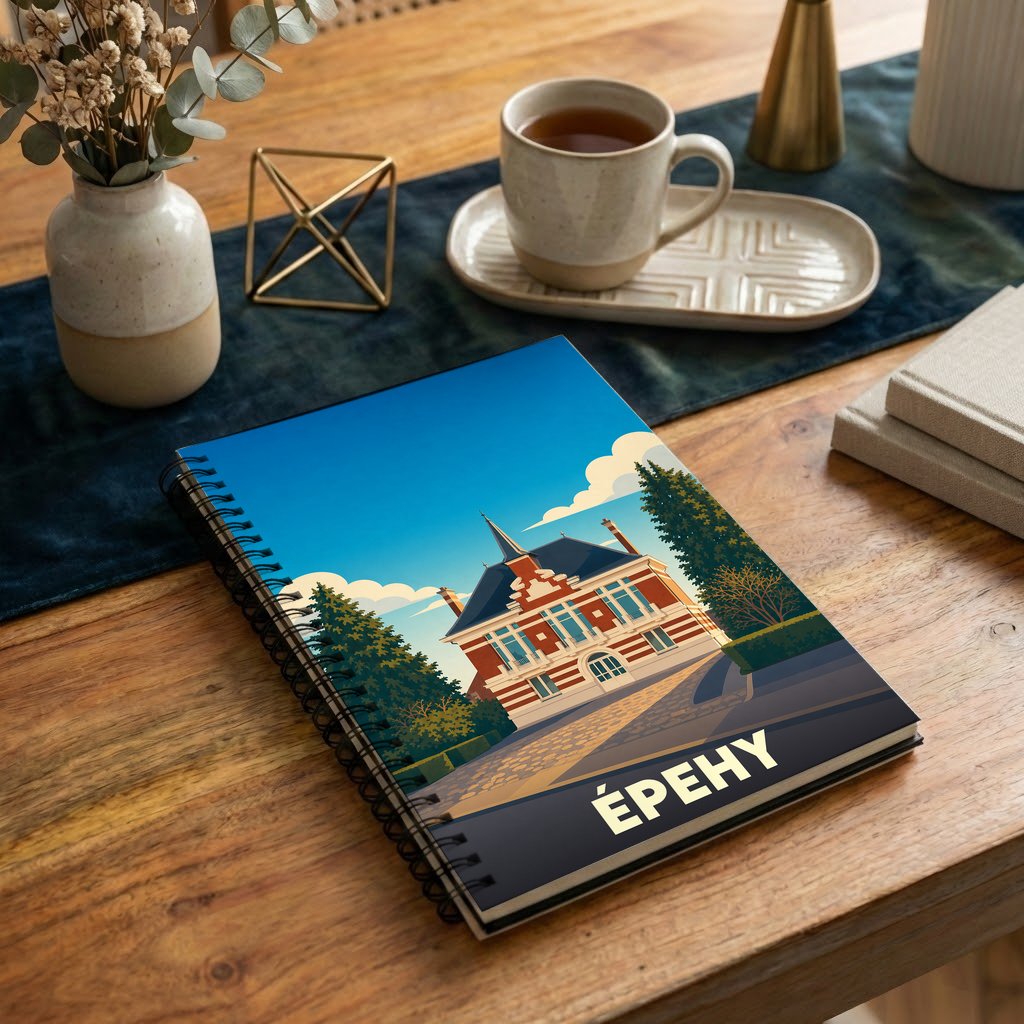 Carnet souvenir de la ville d'Épehy avec une illustration stylisée de son hôtel de ville.