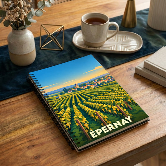 Carnet de notes souvenir de la ville d'Épernay illustré par un vignoble stylisé sous un ciel ensoleillé.
