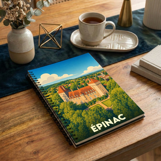 Carnet à spirales souvenir de la ville d'Épinac illustré d'un château entouré de verdure dans un style graphique.
