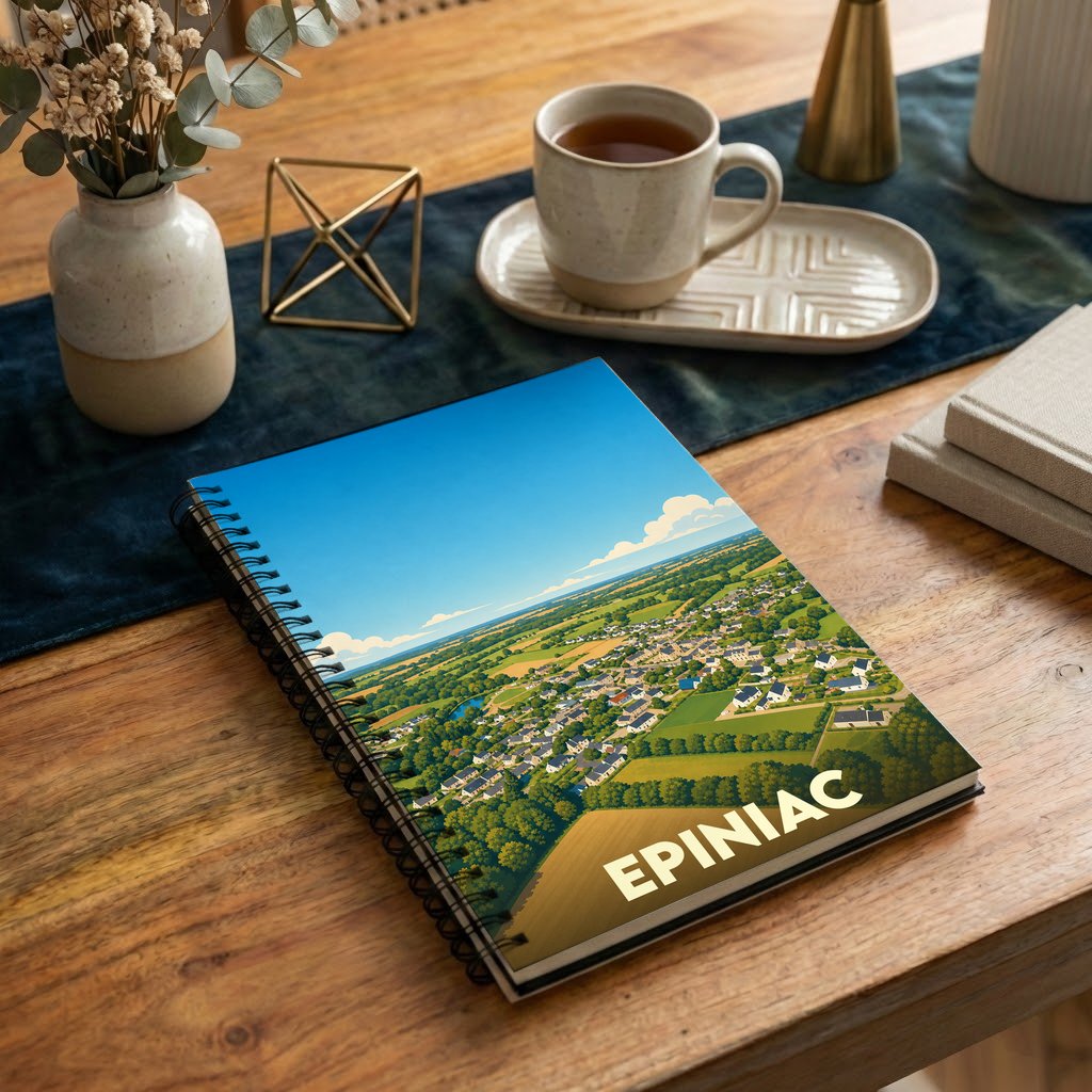 Carnet souvenir de la ville d'Epiniac avec une illustration stylisée d'un paysage aérien.