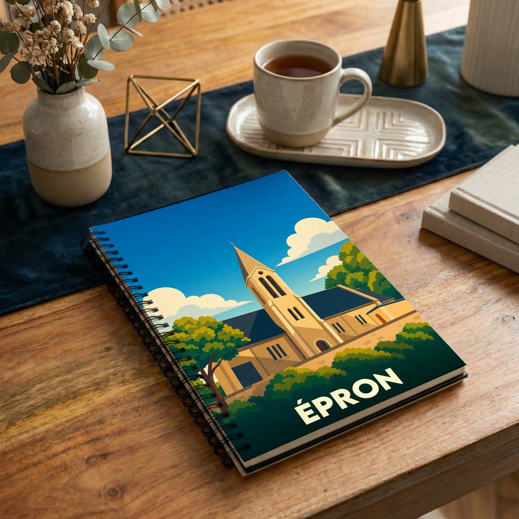 Carnet de notes souvenir de la ville d'Épron avec une illustration stylisée de son église.