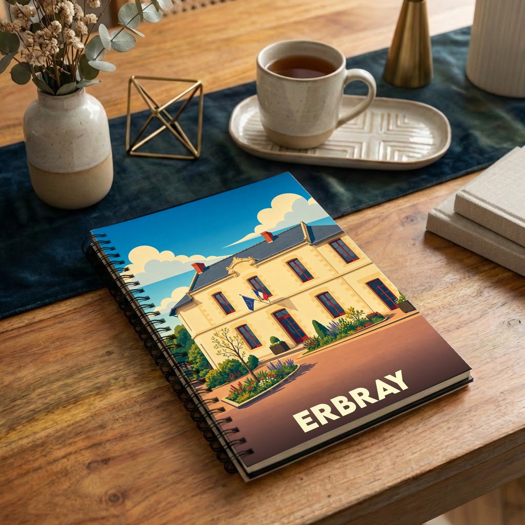 Carnet souvenir de la ville d'Erbray avec une illustration colorée et stylisée de sa mairie.
