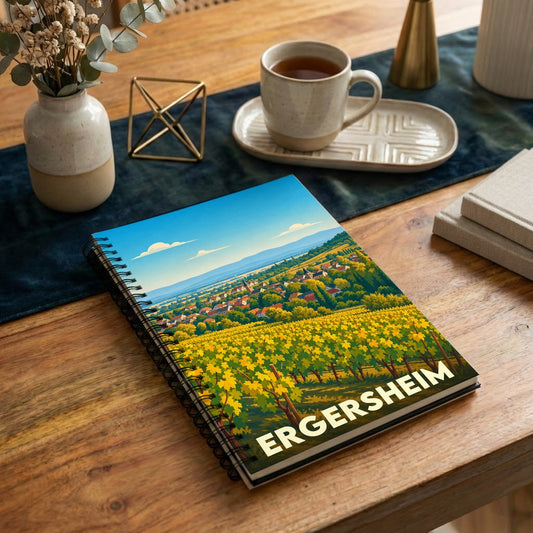 Carnet à spirales souvenir de la ville d'Ergersheim avec une illustration stylisée de son paysage de vignobles.