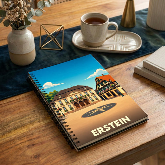 Carnet à spirales souvenir de la ville d'Erstein avec une illustration stylisée de sa place centrale.