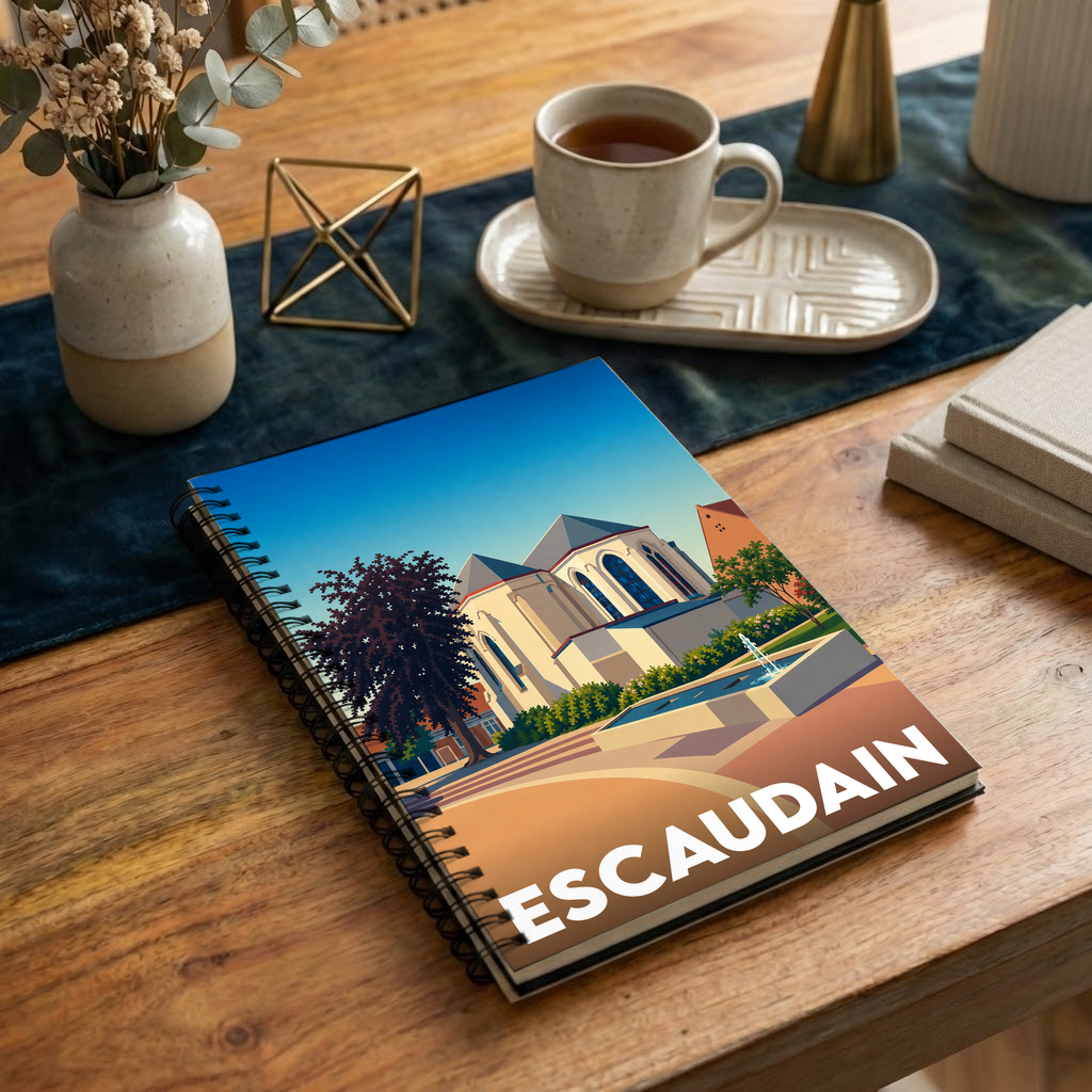 Carnet de notes souvenir de la ville de Escaudain avec une illustration stylisée et colorée du patrimoine local.