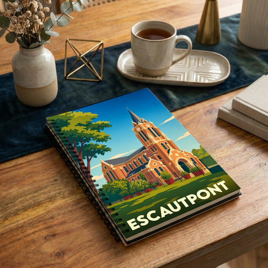 Carnet à spirales souvenir de la ville d’Escautpont avec une illustration stylisée de son église.