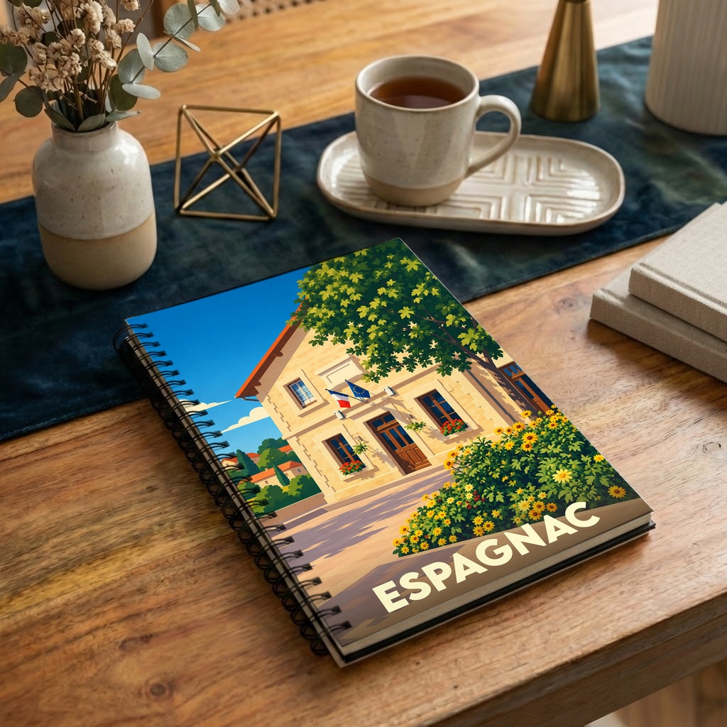 Carnet à spirales souvenir de la ville d'Espagnac avec une illustration stylisée de sa mairie.