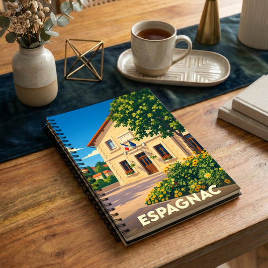 Carnet à spirales souvenir de la ville d'Espagnac avec une illustration stylisée de sa mairie.