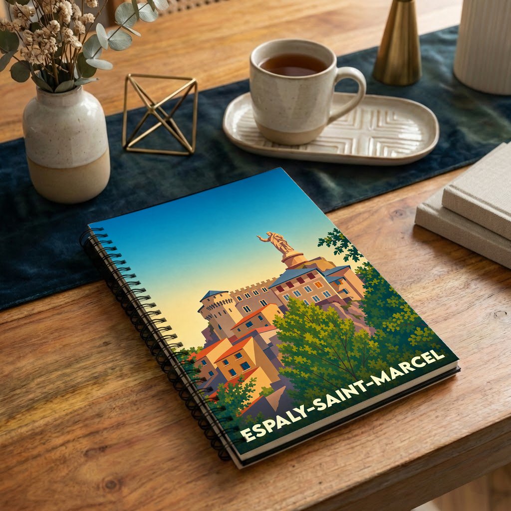 Carnet à spirales souvenir de la ville d'Espaly-Saint-Marcel illustré d'un paysage urbain stylisé.