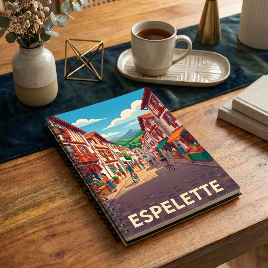 Carnet souvenir de la ville d'Espelette avec une illustration stylisée de ses maisons basques traditionnelles.