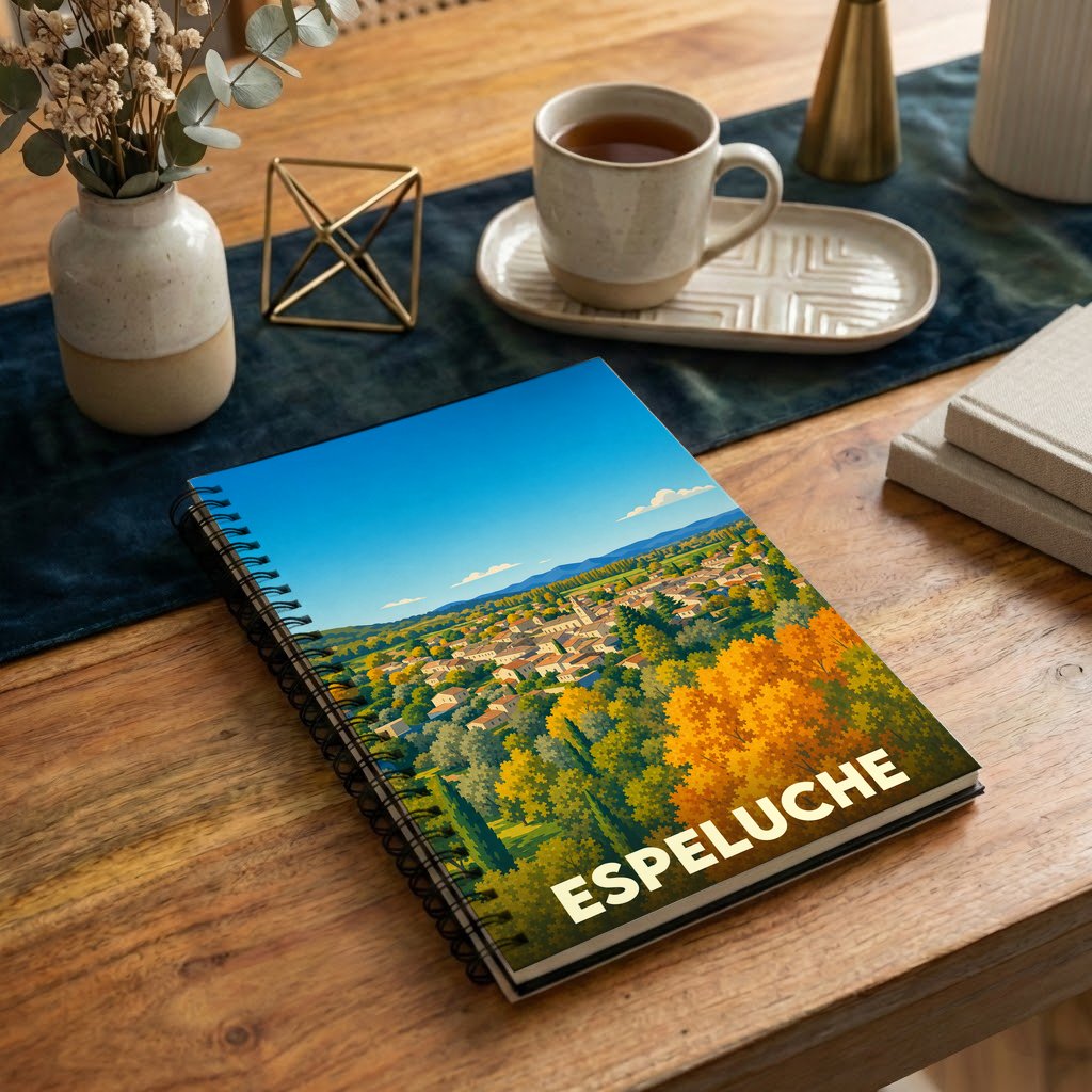 Carnet à spirales souvenir de la ville de Espeluche avec une illustration stylisée de son paysage provençal.