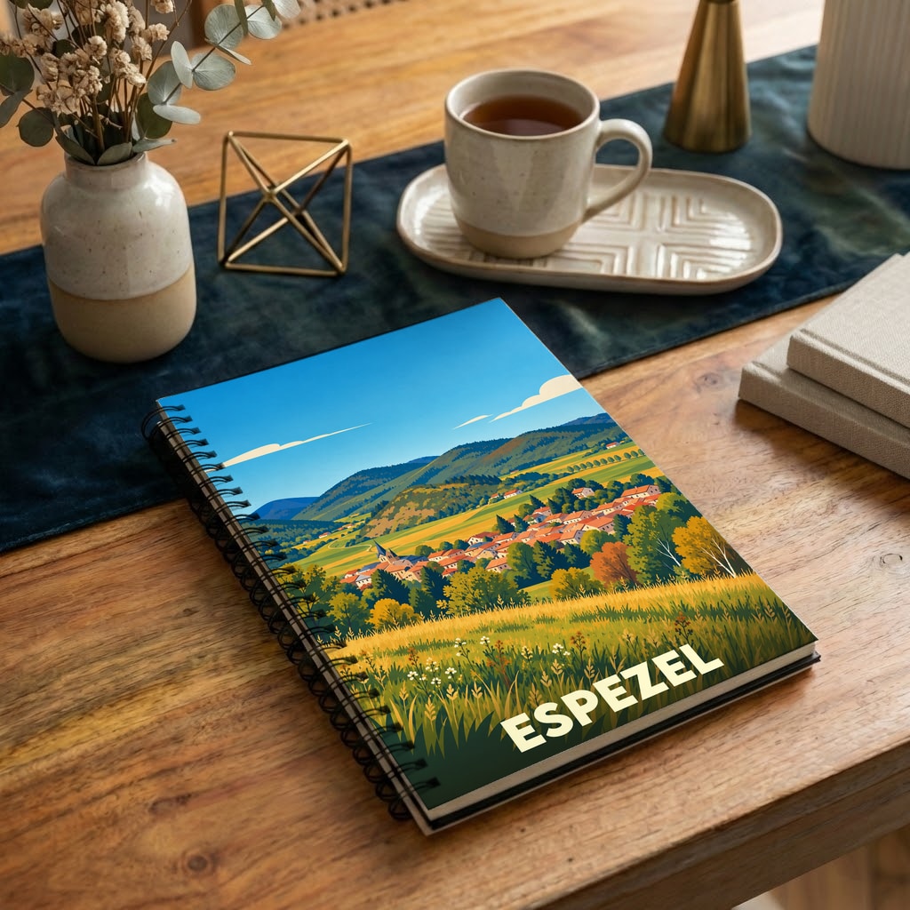 Carnet à spirales souvenir de la ville d'Espezel avec une illustration stylisée de son paysage vallonné.