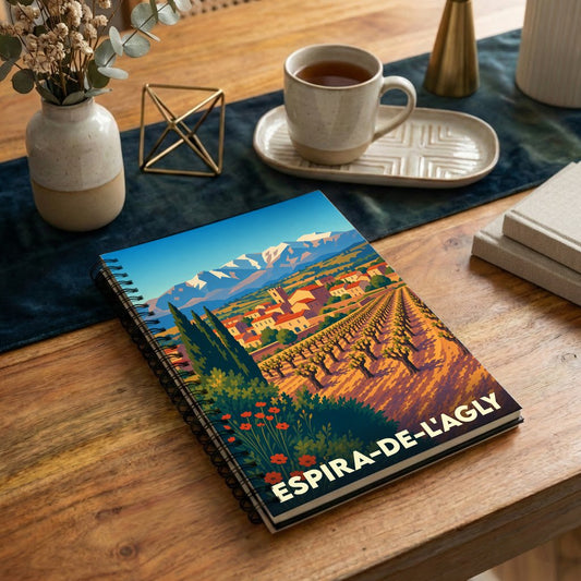 Carnet souvenir de la ville de Espira-de-l'Agly avec une illustration stylisée d'un paysage de vignobles et de montagnes.