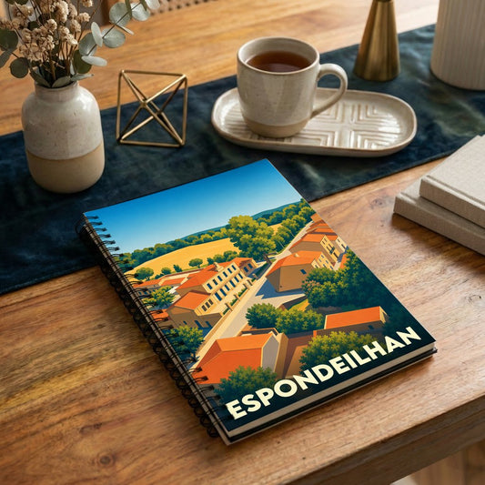 Carnet à spirales souvenir de la ville d'Espondeilhan avec une illustration stylisée de ses paysages et habitations.