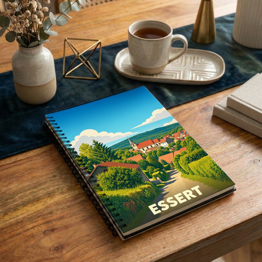 Carnet à spirales souvenir de la ville d'Essert orné d'une illustration paysagère stylisée.