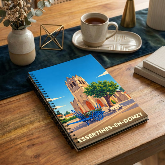 Carnet à spirales souvenir de la ville d'Essertines-en-Donzy avec une illustration stylisée de son église.