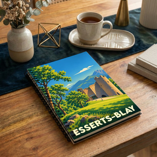 Carnet à spirales souvenir de la ville d'Esserts-Blay avec une illustration stylisée de son château et des montagnes environnantes.