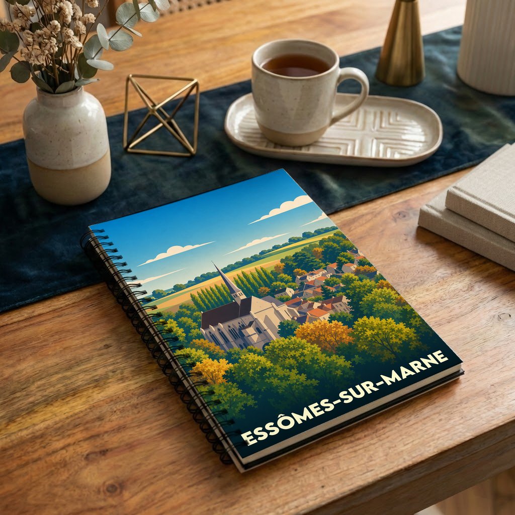 Carnet de notes souvenir de la ville d’Essômes-sur-Marne illustré par un paysage de village stylisé.