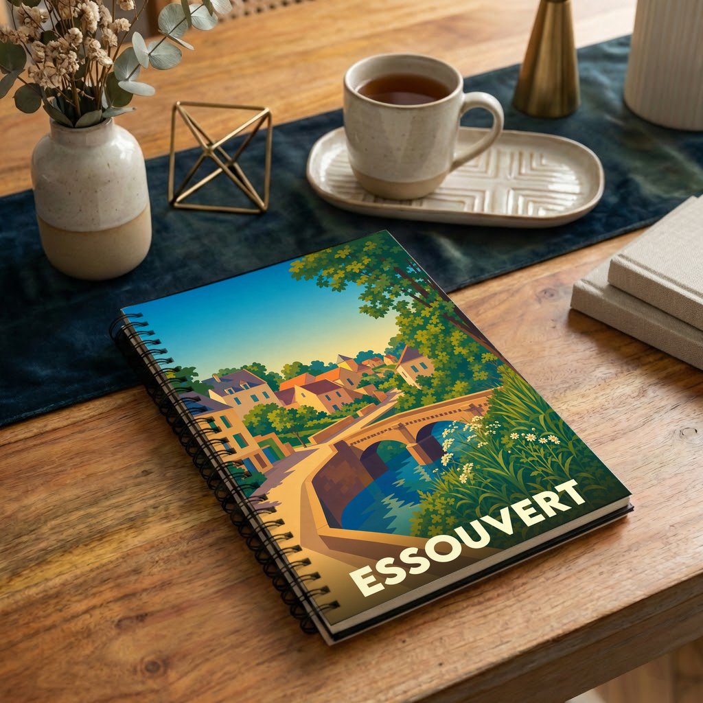 Carnet souvenir de la ville d'Essouvert avec une illustration stylisée d'un pont et de maisons colorées.